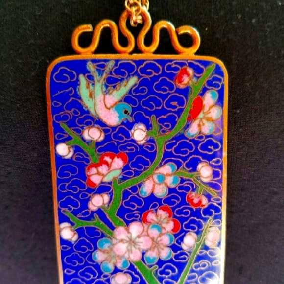 Les Bernard Blue & Antique Gold  Cloisonne Pendant with 12K Gold Chain Necklace - Picture 3 of 9